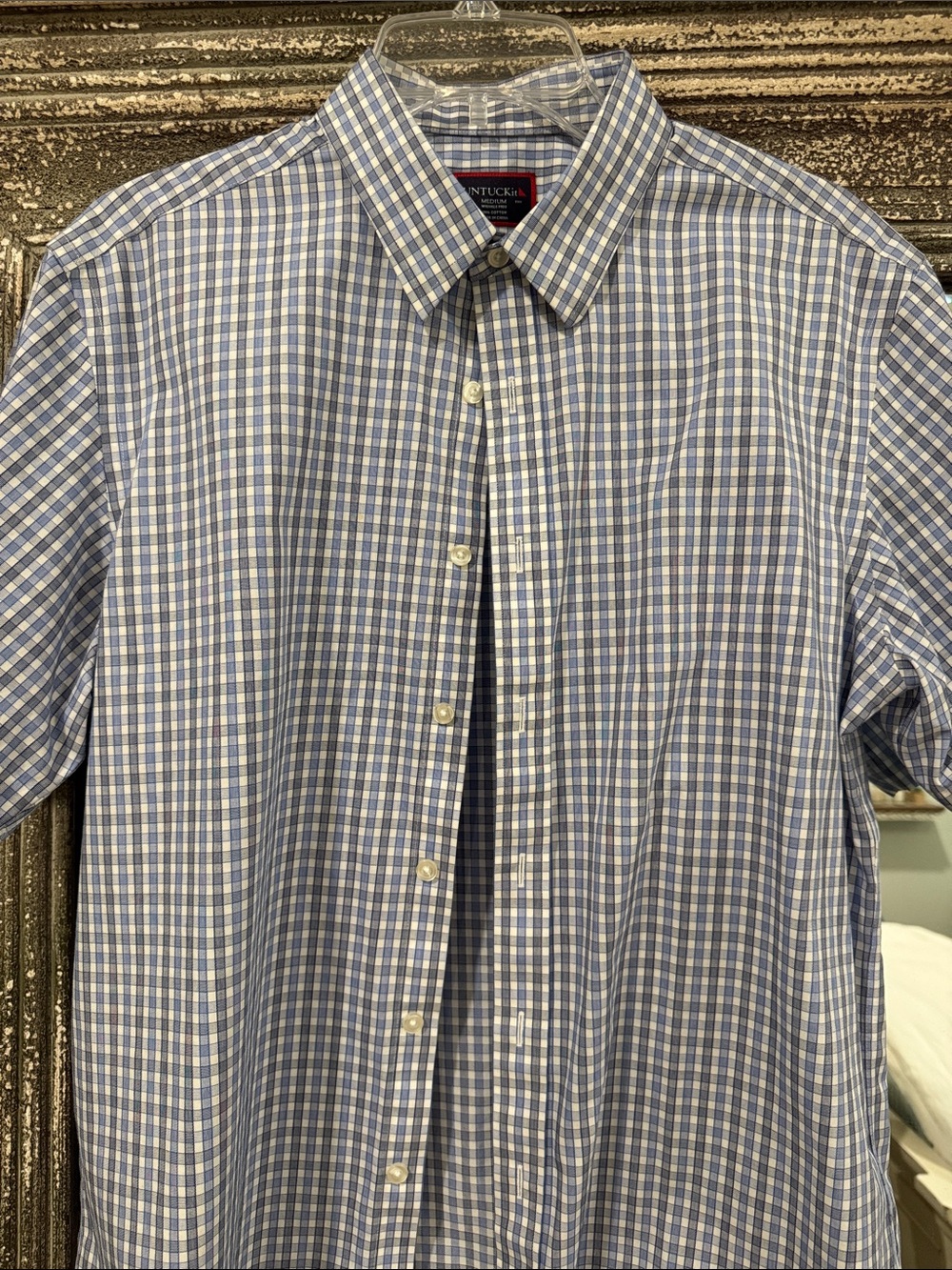 Men’s Cotton Untuck it Dante Blue Checkered Short Sleeve Shirt Size M